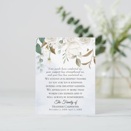 Witte bloemengroen sympathie dank u nota Kaart (Staand voorkant)