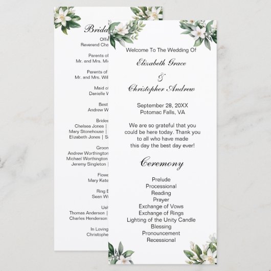 Witte bloemengroen traditioneel huwelijksprogramma menu (Voorkant / Achterkant)