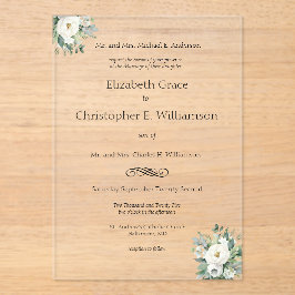Witte bloemengroen traditionele formele bruiloft acryl uitnodigingen