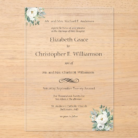 Witte bloemengroen traditionele formele bruiloft acryl uitnodigingen (Voorkant)