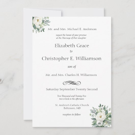 Witte bloemengroen traditionele formele bruiloft kaart (Voorkant)