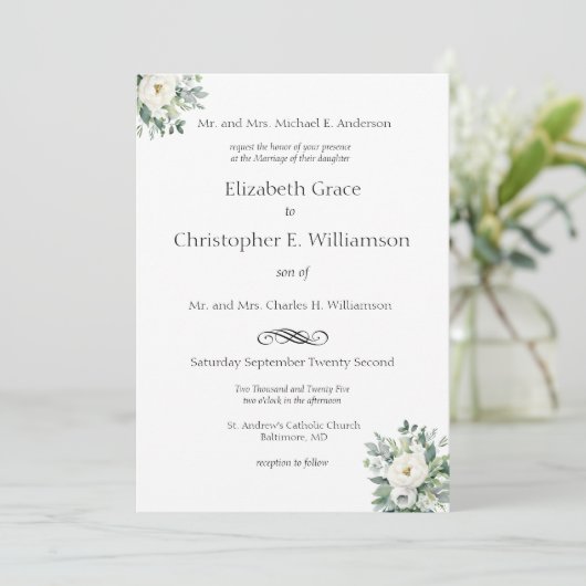 Witte bloemengroen traditionele formele bruiloft kaart (Staand voorkant)