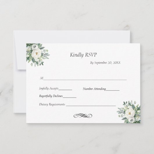 Witte bloemengroen traditionele formele bruiloft RSVP kaartje (Voorkant)
