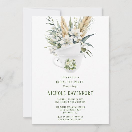 Witte bloemengroene geschilderde bruids thee party kaart (Voorkant)