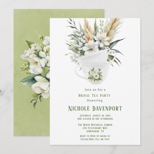 Witte bloemengroene geschilderde bruids thee party kaart (Voorkant / Achterkant)