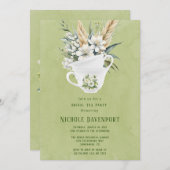 Witte bloemengroene geschilderde bruids thee party kaart (Voorkant / Achterkant)