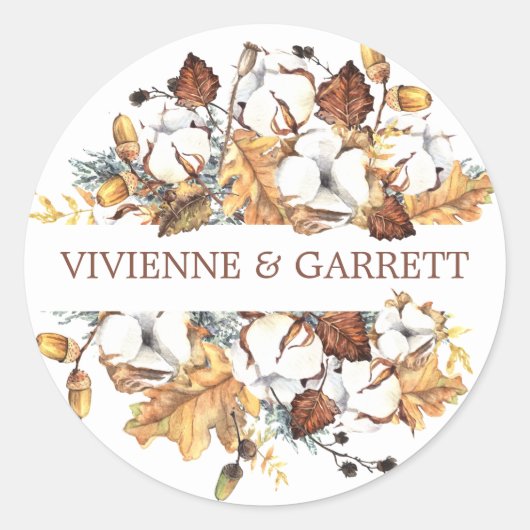 Witte bloemenherfst herfst bladeren bruiloft ronde sticker (Voorkant)