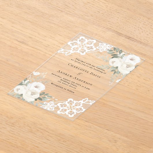 Witte bloemenkant bruiloft acryl uitnodigingen (Laagn)