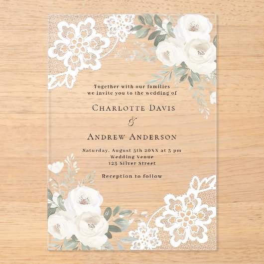 Witte bloemenkant bruiloft acryl uitnodigingen (Voorkant)