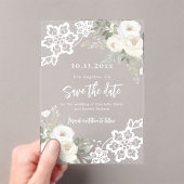 Witte bloemenkant bruiloft Save the Date kaart Acryl Uitnodigingen (Insitu (Draagbaar))