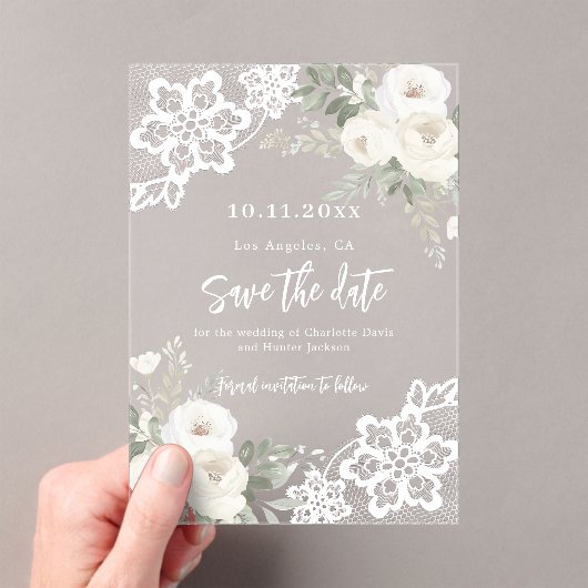 Witte bloemenkant bruiloft Save the Date kaart Acryl Uitnodigingen (Insitu (Draagbaar))
