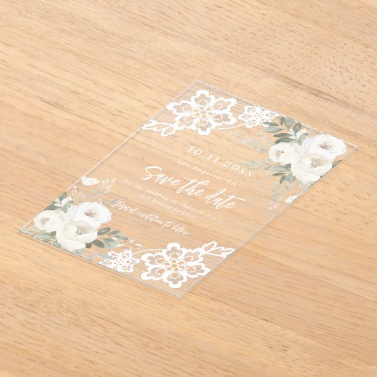 Witte bloemenkant bruiloft Save the Date kaart Acryl Uitnodigingen (Laagn)