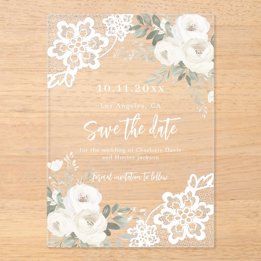 Witte bloemenkant bruiloft Save the Date kaart Acryl Uitnodigingen (Voorkant)