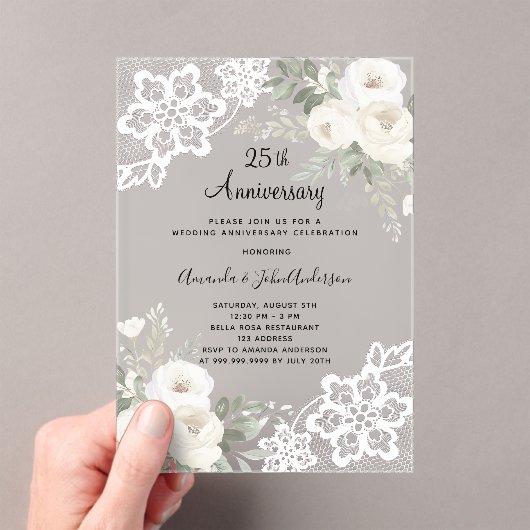Witte bloemenkant diamant 25e huwelijksverjaardag acryl uitnodigingen (Insitu (Draagbaar))