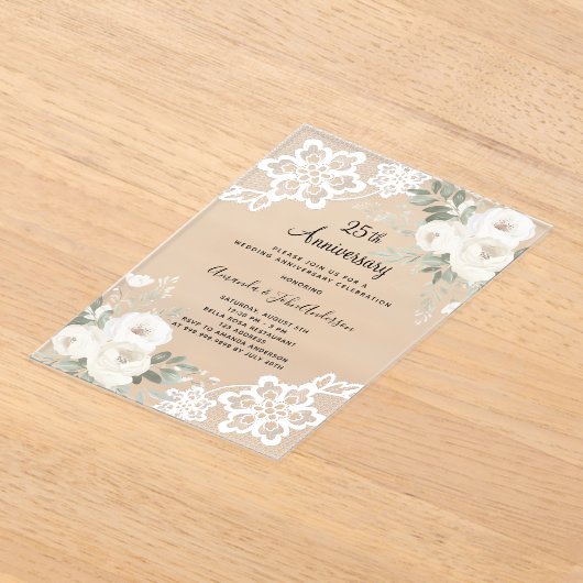 Witte bloemenkant diamant 25e huwelijksverjaardag acryl uitnodigingen (Laagn)