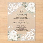Witte bloemenkant diamant 25e huwelijksverjaardag acryl uitnodigingen (Voorkant)