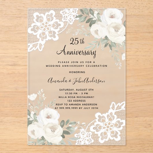 Witte bloemenkant diamant 25e huwelijksverjaardag acryl uitnodigingen (Voorkant)