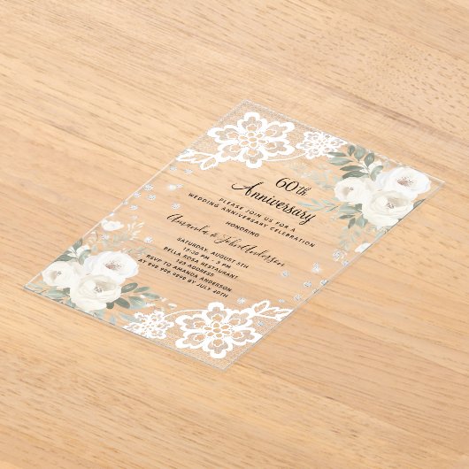 Witte bloemenkant diamant 60ste huwelijksverjaarda acryl uitnodigingen (Laagn)