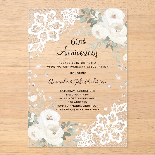 Witte bloemenkant diamant 60ste huwelijksverjaarda acryl uitnodigingen (Voorkant)