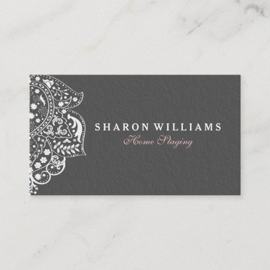 Witte bloemenkant op grijze bloemendamast visitekaartje (Voorkant)