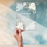 Witte bloemenkant verjaardag acryl uitnodigingen<br><div class="desc">Voor een elegante mijlpaal verjaardagsfeest (elke leeftijd). Een doorzichtige,  heldere achtergrond versierd met witte bloemen,  rozen en kant. Personaliseer en voeg jouw namen en partijgegevens toe.</div>