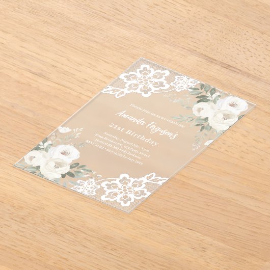 Witte bloemenkant verjaardag acryl uitnodigingen (Laagn)