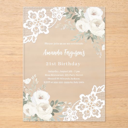 Witte bloemenkant verjaardag acryl uitnodigingen (Voorkant)