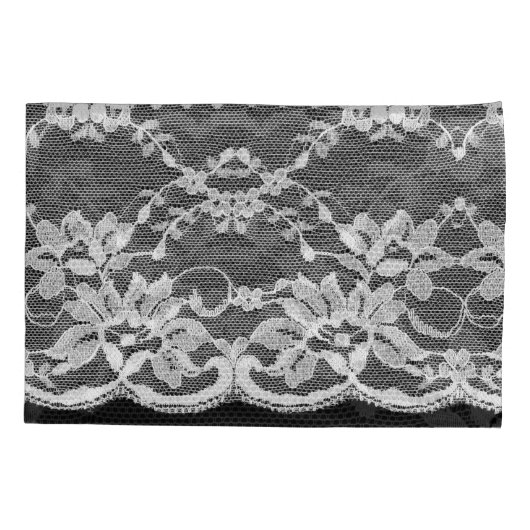 Witte bloemenkant: zwarte achtergrond. kussensloop (Achterkant)