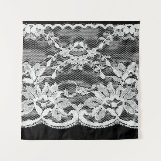 Witte bloemenkant: zwarte achtergrond. wandkleed (Voorkant)
