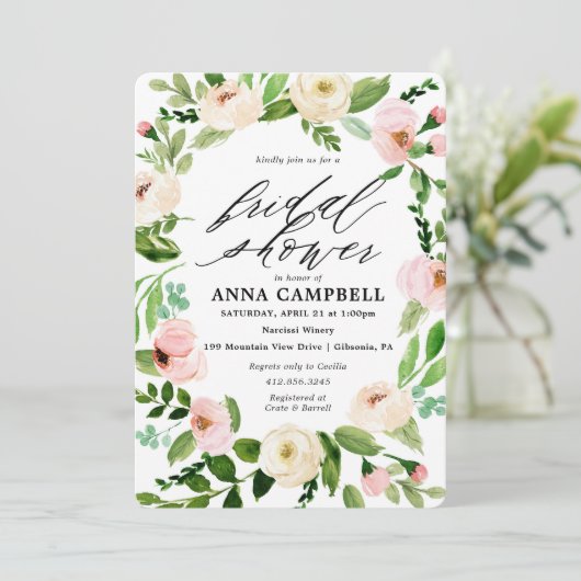 Witte Bloemenkrans Bruids Douche Uitnodiging (Staand voorkant)