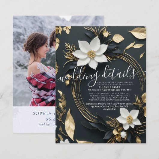 Witte bloemenkrans bruiloft details foto informatiekaartje (Voorkant / Achterkant)