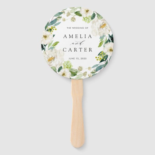 Witte bloemenkrans bruiloft handwaaier (Voorkant)