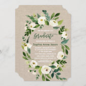 Witte Bloemenkrans Burlap Handschrift AFSTUDEREN Kaart (Voorkant / Achterkant)