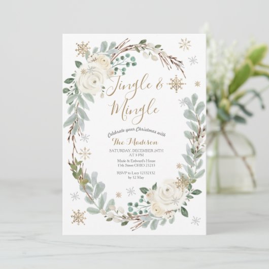 Witte bloemenkrans Jingle & Mingle Winter Kaart (Staand voorkant)