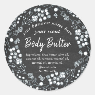 Witte bloemenkrans krijtbord body butter ronde sticker