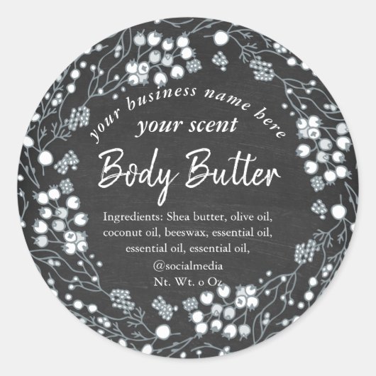 Witte bloemenkrans krijtbord body butter ronde sticker (Voorkant)