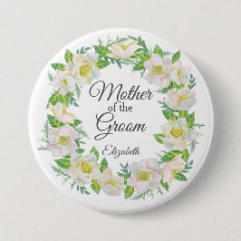 Witte bloemenkrans moeder van de bruidegom ronde button 7,6 cm