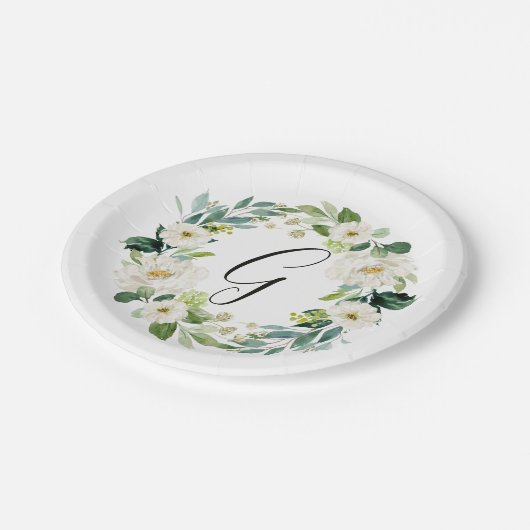 Witte Bloemenkrans Monogram Papier Bord (Gekanteld)