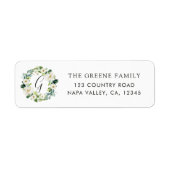Witte bloemenkrans monogram retour adres label (Voorkant)