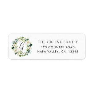 Witte bloemenkrans monogram retour adres label