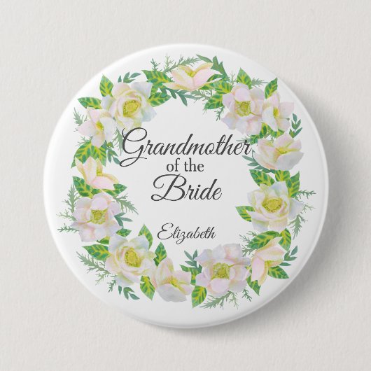Witte bloemenkrans oma van de bruid ronde button 7,6 cm (Voorkant)