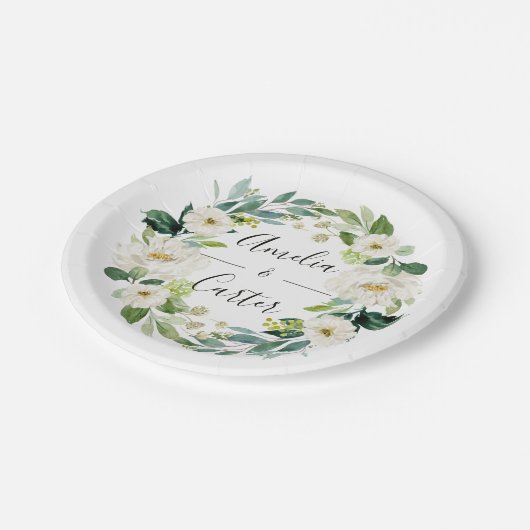 Witte Bloemenkrans Trouwpapier Bord (Gekanteld)