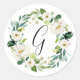 Witte bloemenkranz monogram ronde sticker