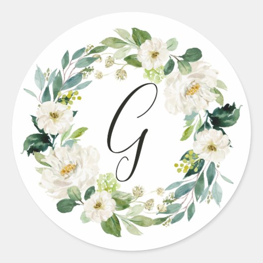 Witte bloemenkranz monogram ronde sticker (Voorkant)