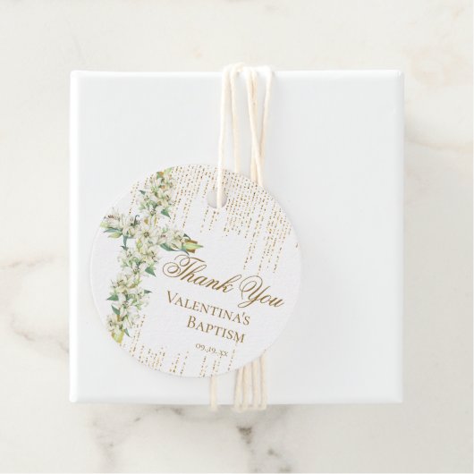 Witte Bloemenkruis Gouden Glitter Script Bedankt Bedankjes Labels (In situ)