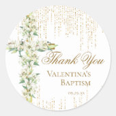 Witte Bloemenkruis Gouden Glitter Script Bedankt Ronde Sticker (Voorkant)