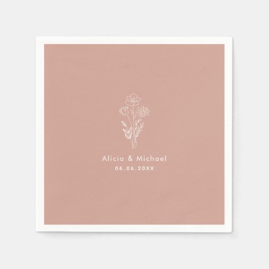 Witte Bloemenlijn Boeket Terracotta Bruiloft Servet (Voorkant)