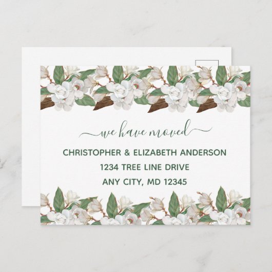 Witte bloemenmagnolia's script bewegende aankondig aankondigingskaart (Voorkant / Achterkant)