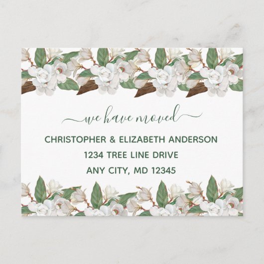 Witte bloemenmagnolia's script bewegende aankondig aankondigingskaart (Voorkant)