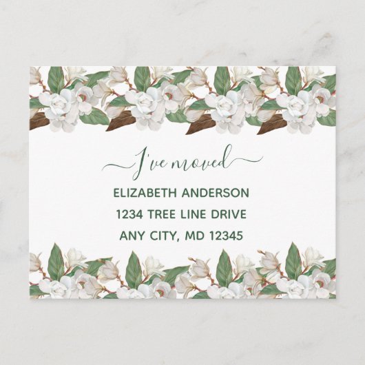 Witte bloemenmagnolia's script bewegende aankondig aankondigingskaart (Voorkant)